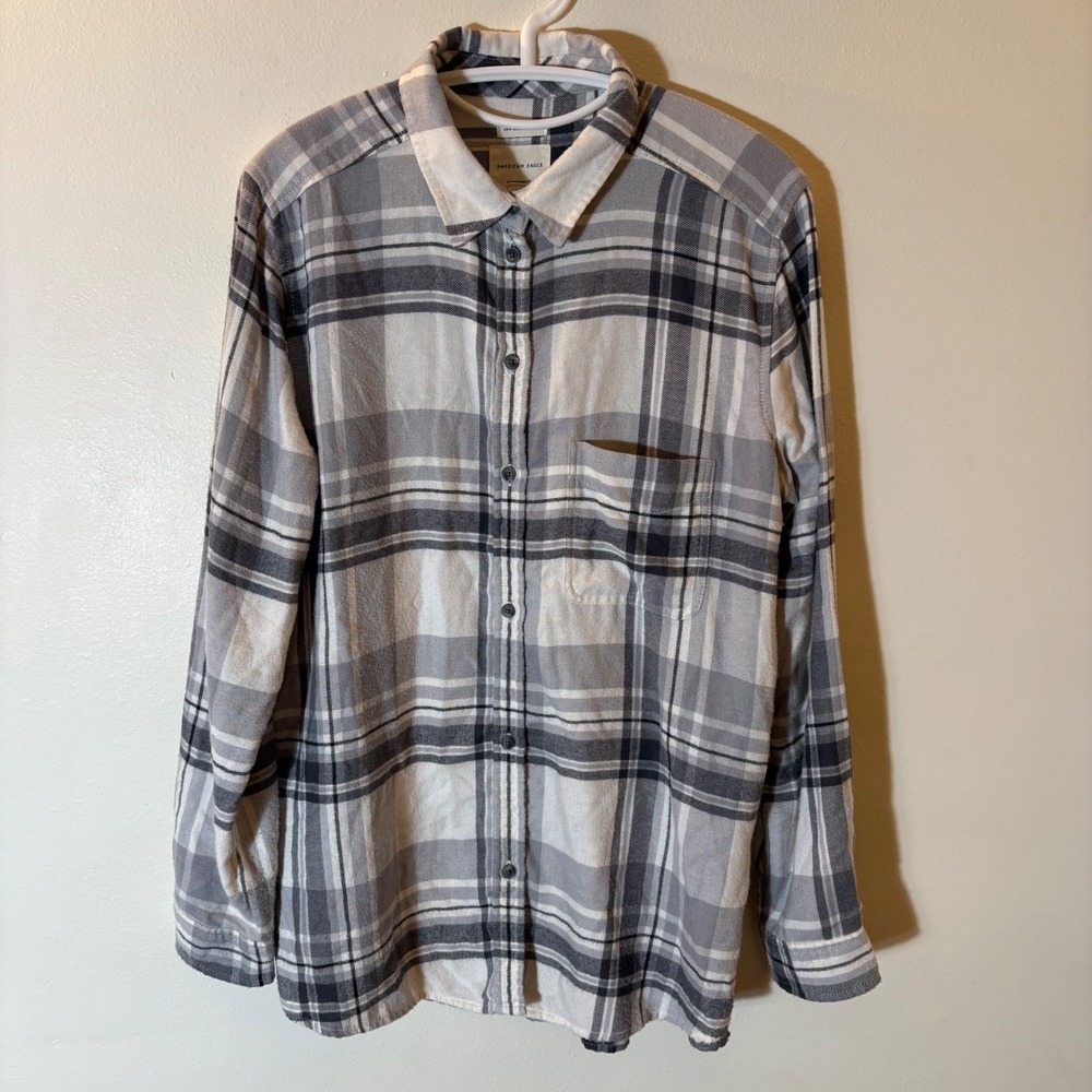 American Eagle Gray Plaid Boyfriend Fit Flannel Shirt Size Large